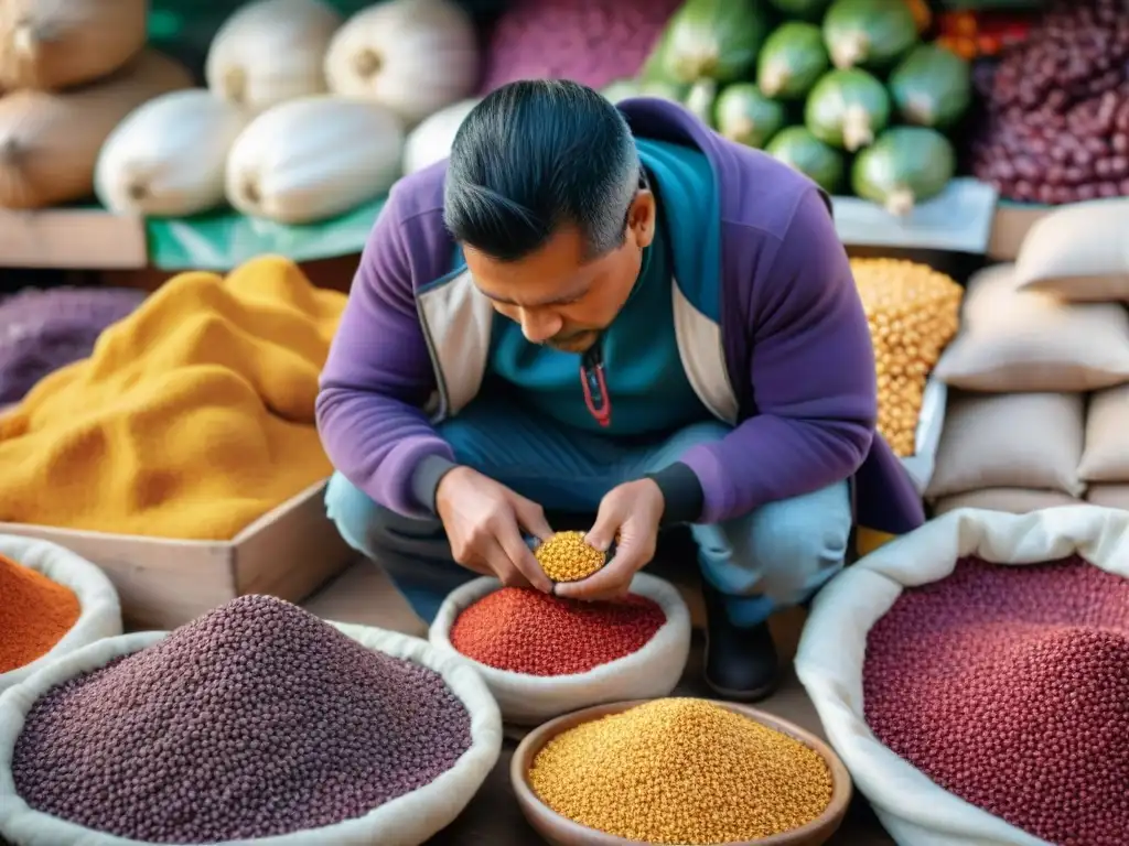 Macrofotografía de la gastronomía peruana: fotógrafo capturando la esencia de ingredientes autóctonos en vibrante mercado peruano