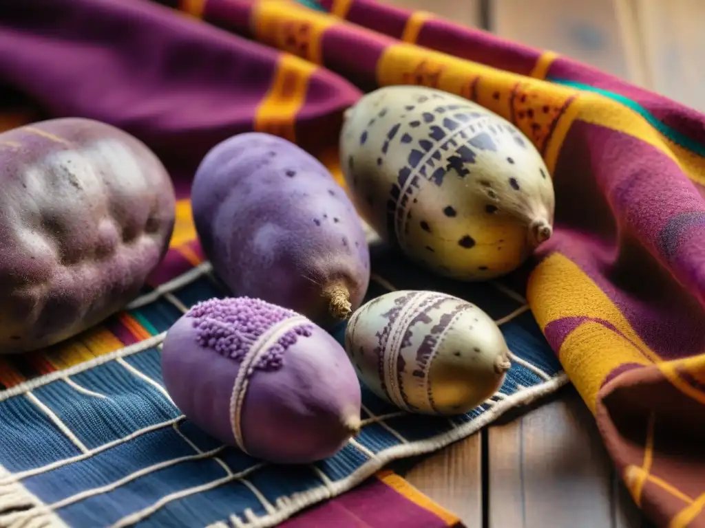 Macrofotografía de una papa morada peruana sobre textiles andinos, resaltando su textura y colores autóctonos