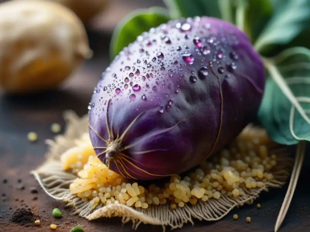 Macrofotografía de una papa peruana morada, resaltando su frescura y autenticidad