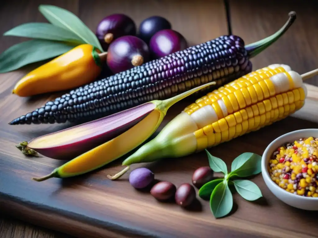 Macrofotografía de vibrantes ingredientes autóctonos de la gastronomía peruana en detallada composición sobre mesa rústica