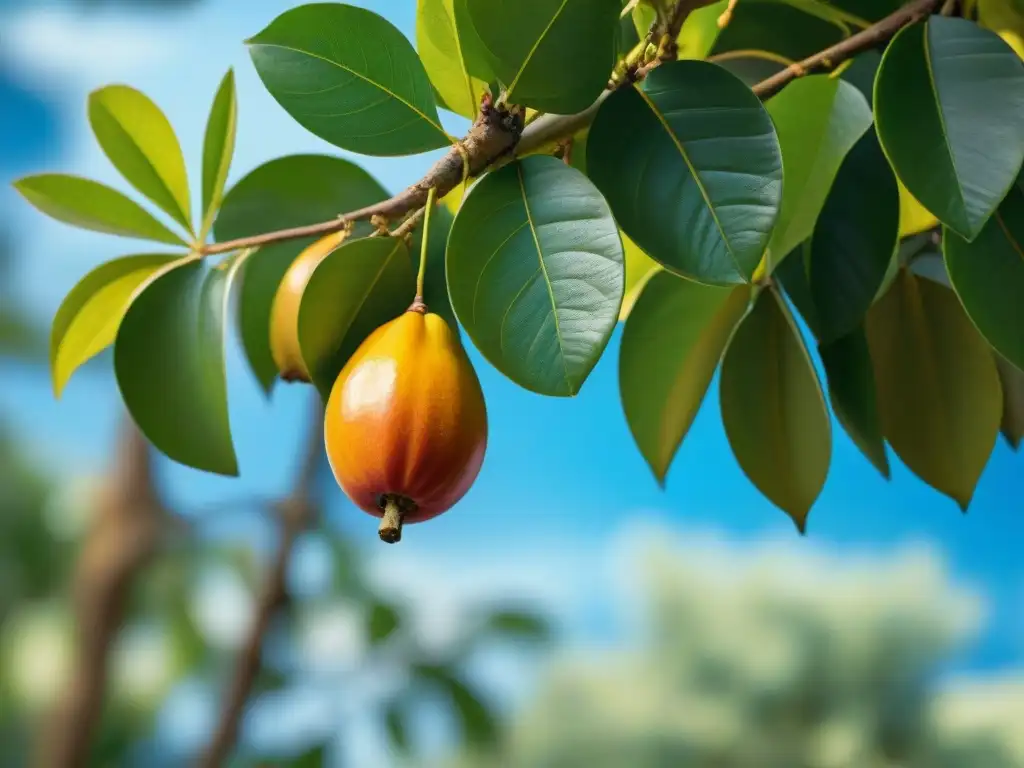 Lúcuma madura colgando de un árbol en un exuberante huerto peruano, destacando su piel detallada y colorida