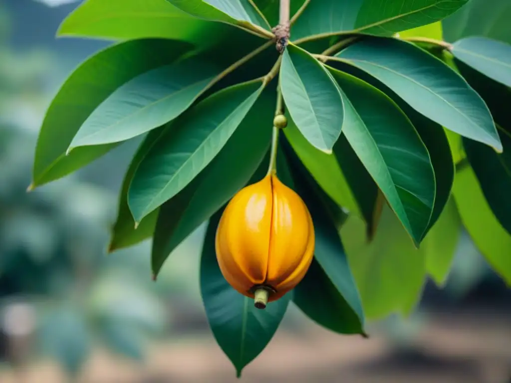 Madura lucuma dorada colgando de un árbol en un huerto peruano