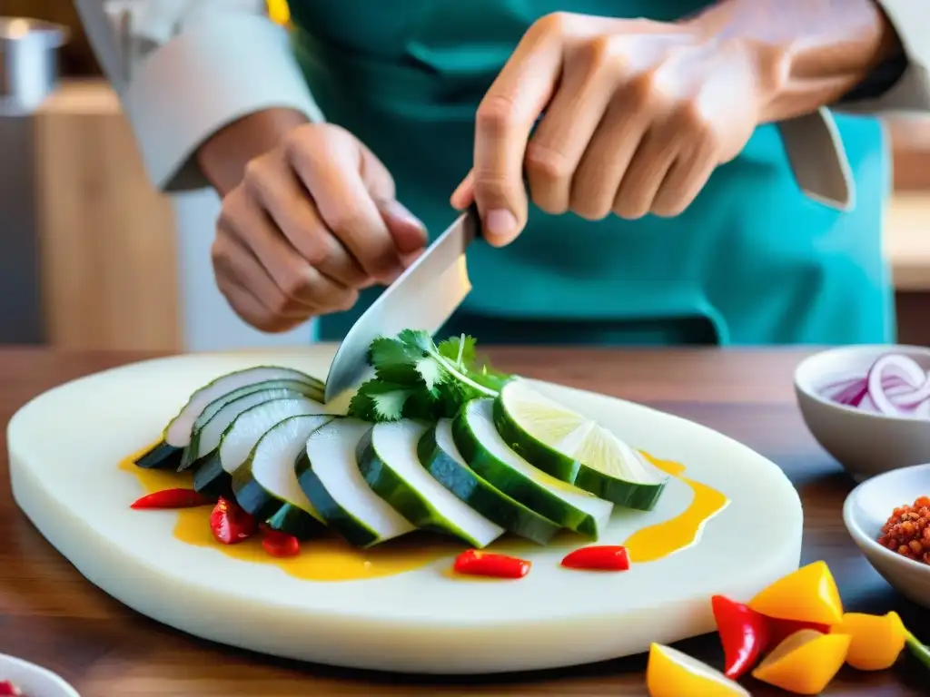 El maestro chef Gastón Acurio preparando cebiche peruano con destreza y pasión en su cocina