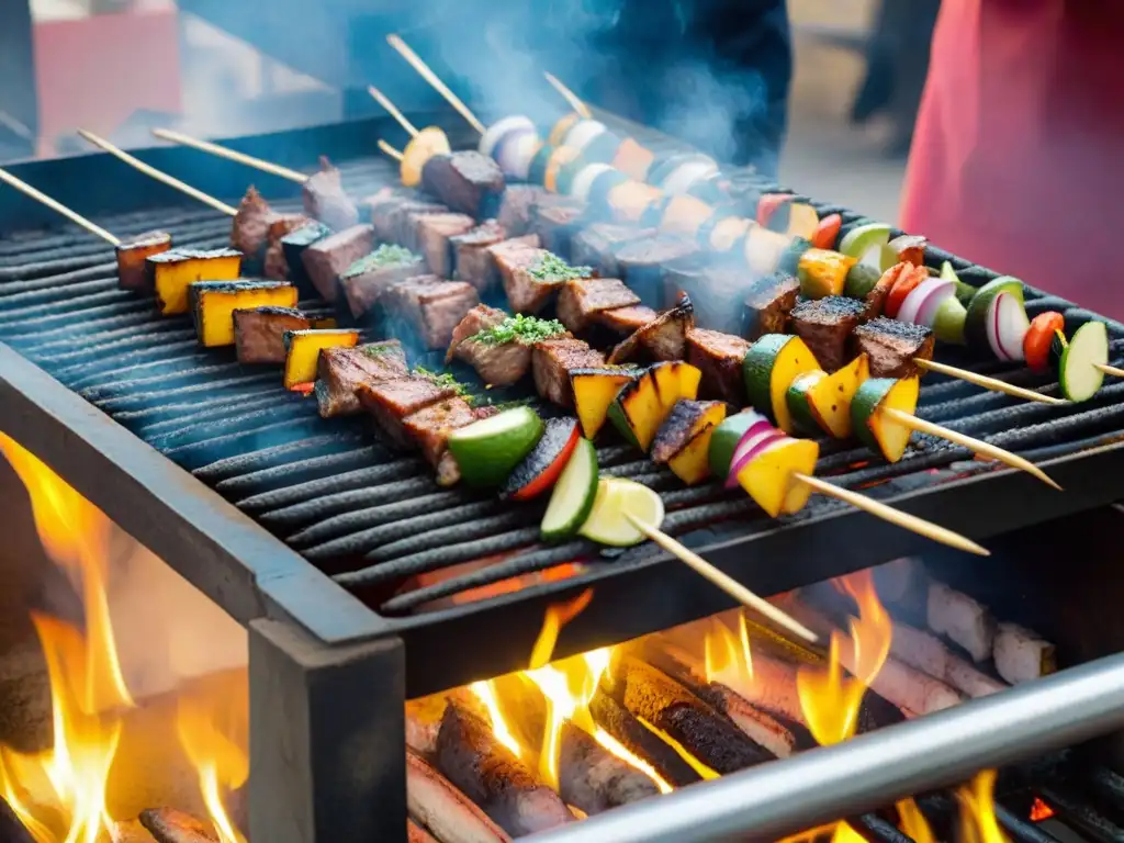 Un maestro anticuchero peruano asando anticuchos jugosos sobre una parrilla humeante, en una fotografía creativa de anticuchos peruanos