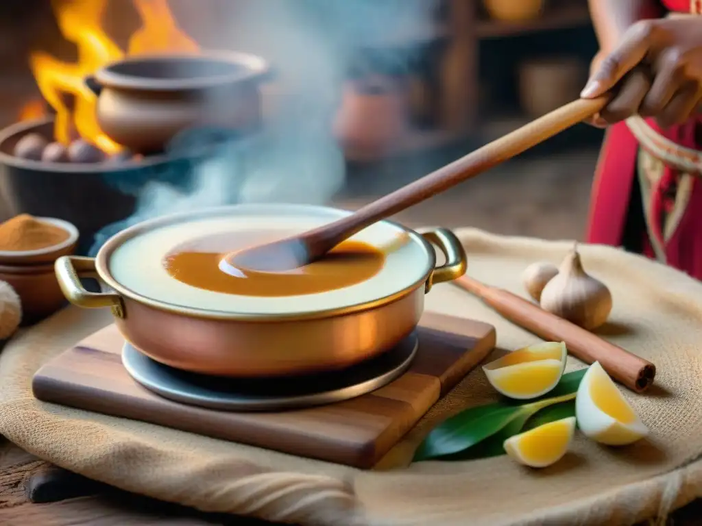 Un maestro artesano prepara Dulce de Leche peruano tradicional en una cocina rústica, iluminada por el suave resplandor de las llamas