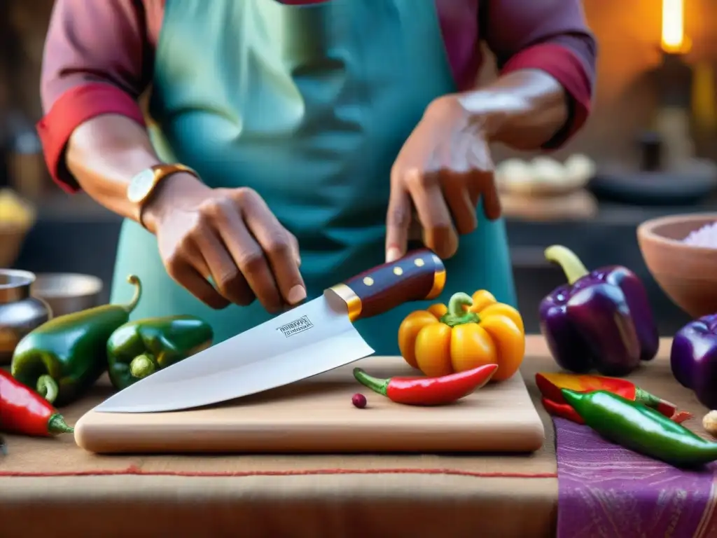 Un maestro artesano peruano moldea un cuchillo de chef tradicional entre textiles vibrantes y ingredientes culinarios, en una cocina peruana