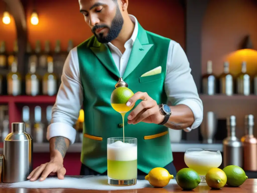 Maestro barman preparando un auténtico Pisco Sour, mostrando la meticulosa artesanía