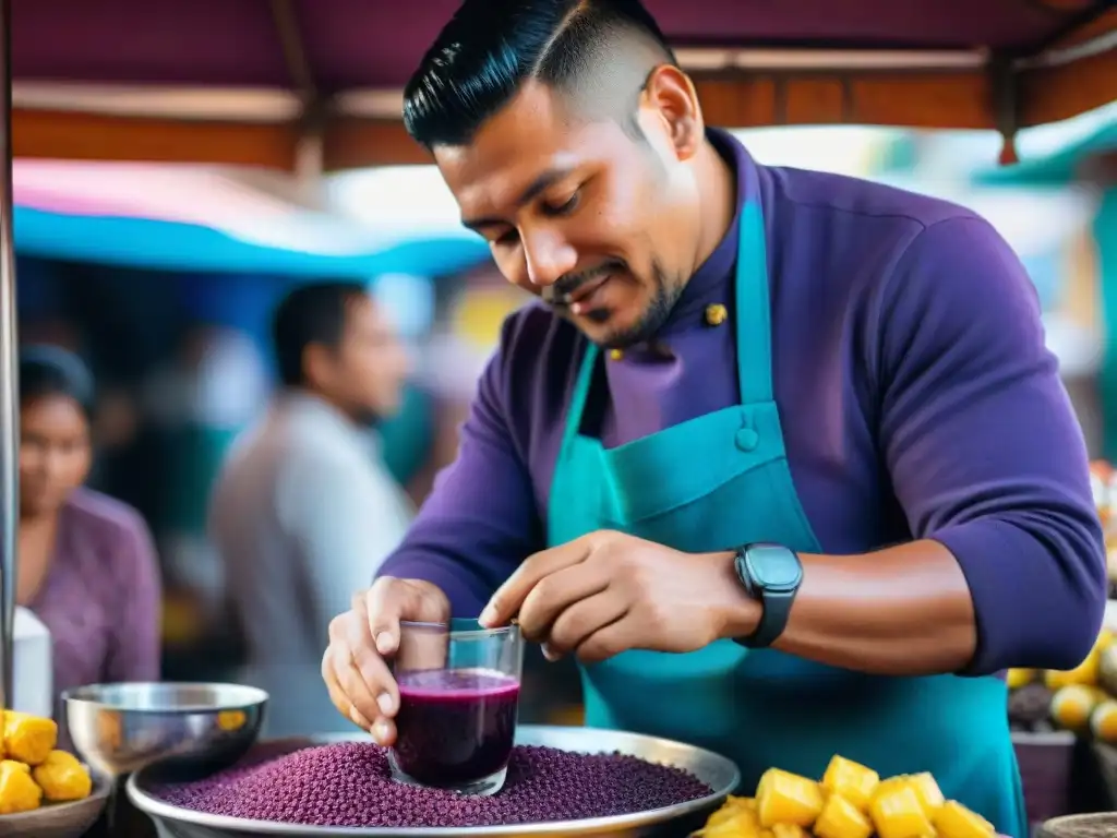 Un maestro barman peruano preparando chicha morada en un mercado bullicioso