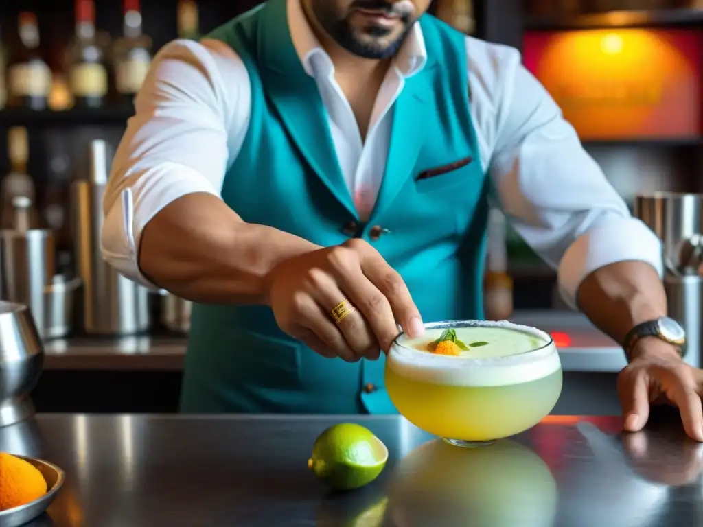 Un maestro barman peruano prepara un Pisco Sour con técnica experta y coloridas decoraciones, mostrando la mixología peruana: Pisco en gastronomía