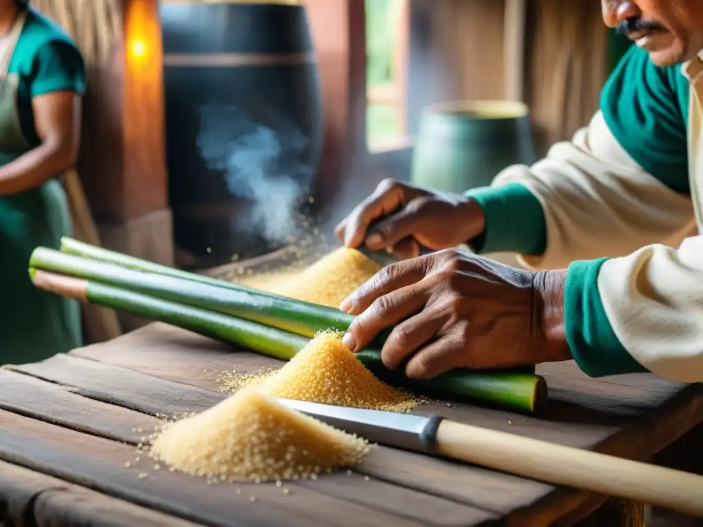 Un maestro cortando caña para la elaboración de cañazo tradicional en Perú