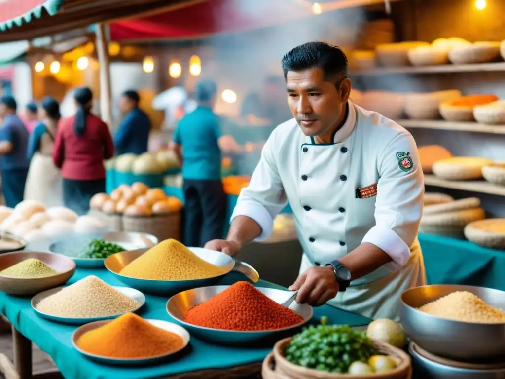 Un maestro chef artesano en el Mercado San Pedro Cusco, creando platos peruanos rodeado de una atmósfera vibrante y cautivadora