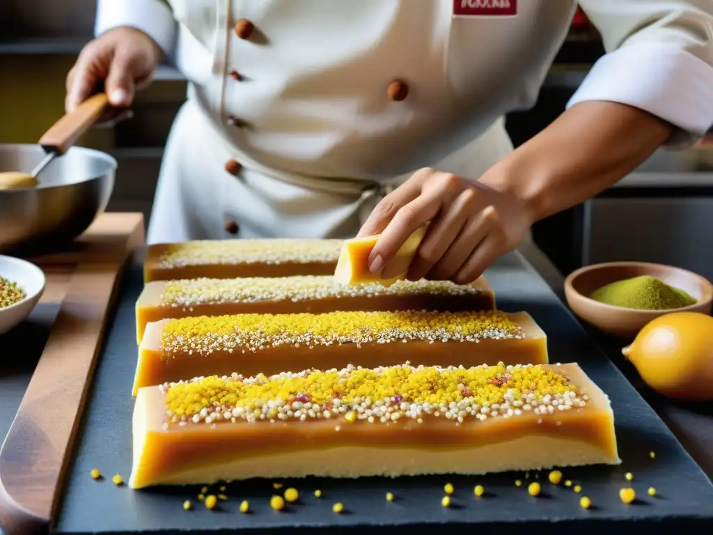 Un maestro chef en Lima prepara con destreza turrón Doña Pepa, resaltando los vibrantes colores de los ingredientes