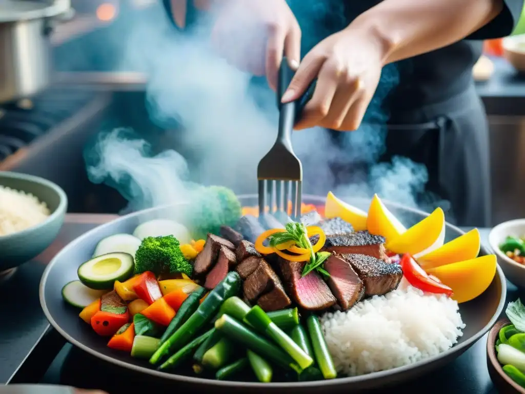 Un maestro chef Chifa prepara con destreza un vibrante plato fusionando tradiciones culinarias chinas y peruanas