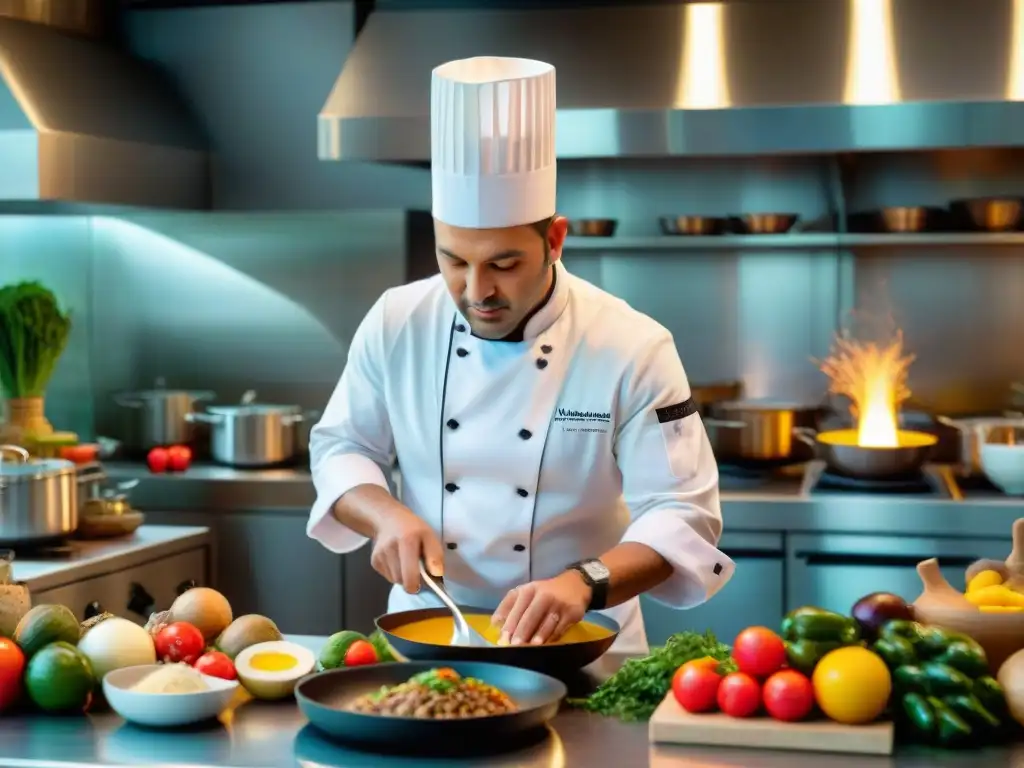 Un maestro chef fusiona ingredientes italianos y peruanos en una cocina bulliciosa