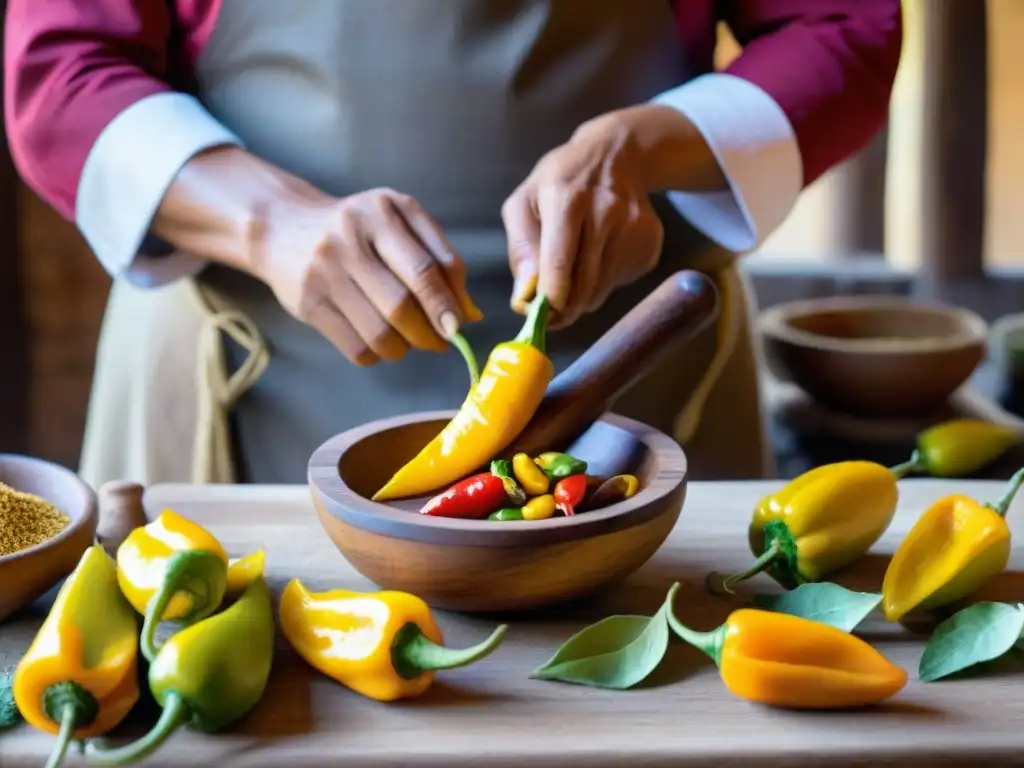 Un maestro chef peruano tritura ajíes amarillos en un mortero de madera, mostrando la historia de las herramientas de cocina peruana