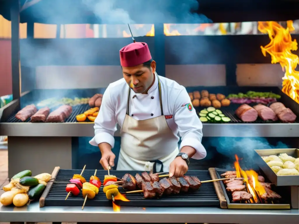 Un maestro chef peruano asando anticuchos y vegetales con técnicas de barbacoa peruanas en un mercado al aire libre