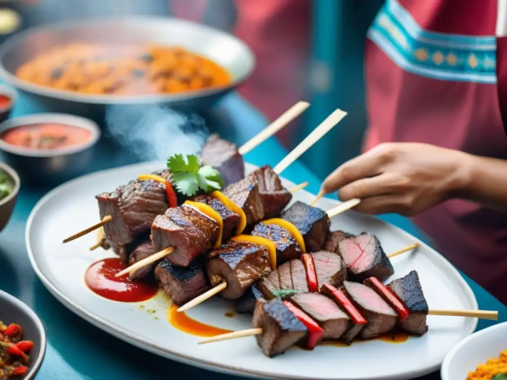 Un maestro chef peruano ensartando anticuchos con innovación culinaria en un bullicioso mercado callejero