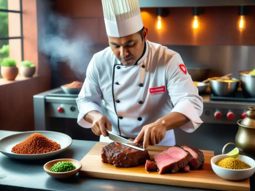 Un maestro chef peruano marina corazón para anticuchos, mostrando la receta anticucho de corazón peruano en una cocina tradicional