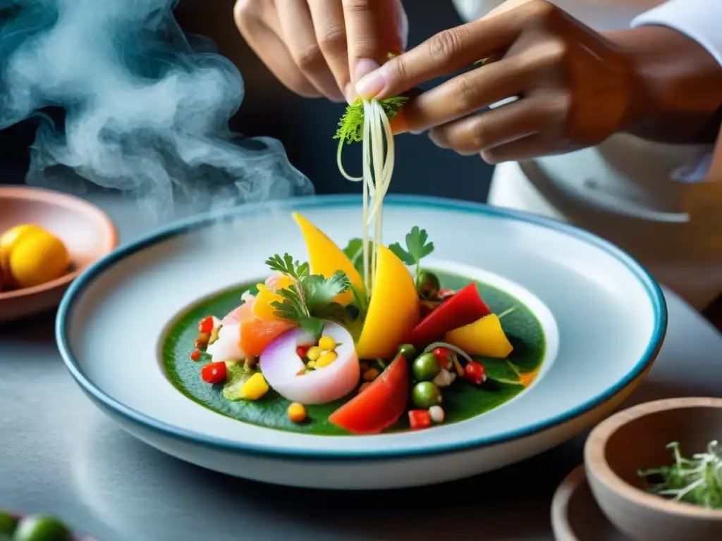 Un maestro chef peruano prepara un ceviche gourmet con ingredientes frescos y coloridos en un plato de cerámica tradicional