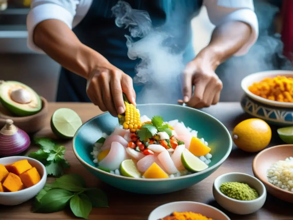 Un maestro chef peruano prepara ceviche en mercado, mostrando la cocina regional peruana tradicional