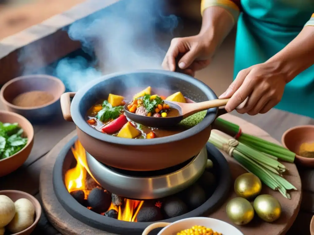 Un maestro chef peruano remueve con destreza una olla de barro con un guiso peruano vibrante sobre una llama abierta