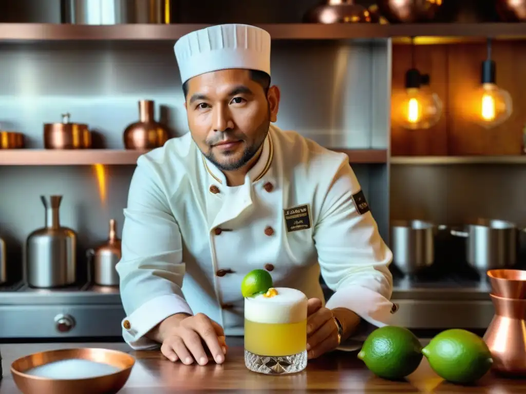 Un maestro chef peruano prepara con destreza un Pisco Sour, resaltando la artesanía