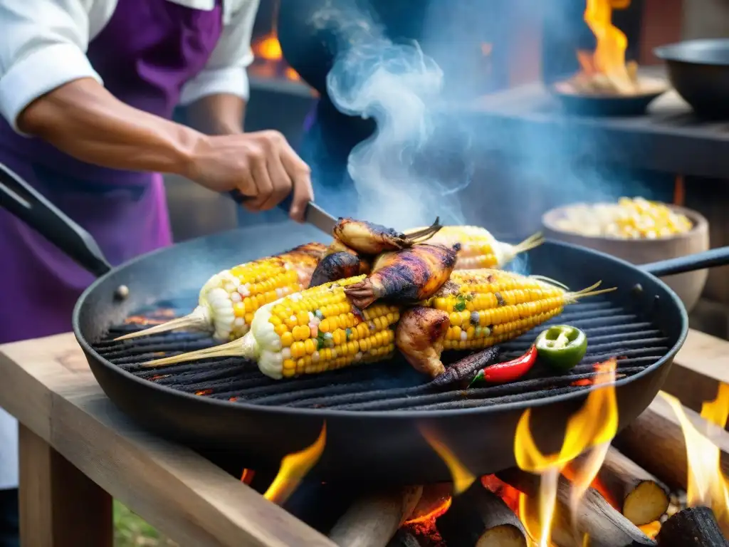 Un maestro chef peruano sazona con esmero un Pollo a la Brasa sobre llamas abiertas, rodeado de ingredientes autóctonos