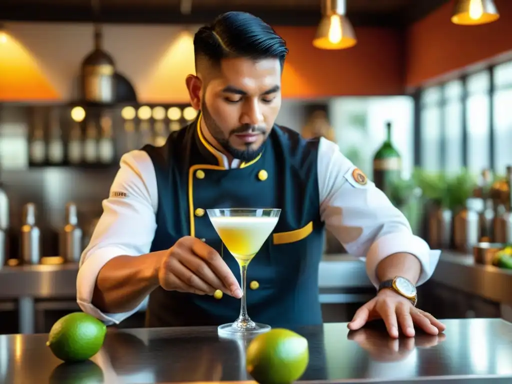 Un maestro chef peruano preparando un Pisco Sour con destreza, destacando la artesanía del Pisco peruano en gastronomía mundial