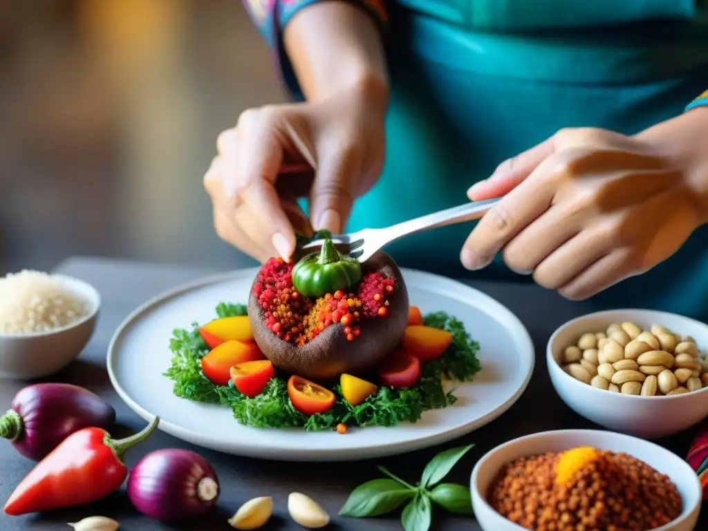 Un maestro chef peruano rellena un rocoto rojo con una exquisita mezcla de ingredientes, en un ritual culinario andino