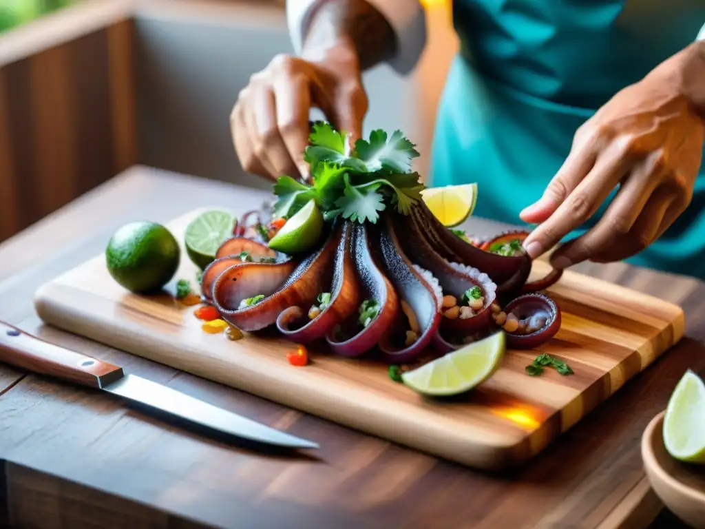 Un maestro chef peruano prepara un suculento ceviche de pulpo, fusionando tradición y modernidad en la cocina peruana