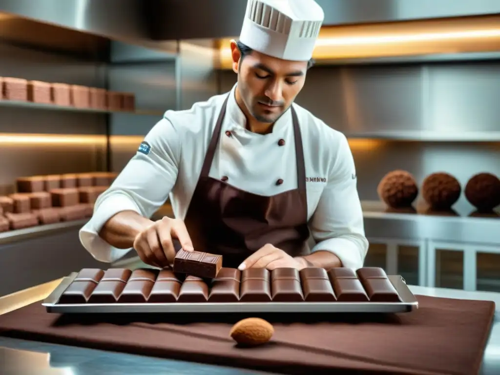 Un maestro chocolatero crea una barra de chocolate de vanguardia con cacao peruano, fusionando tradición e innovación en su cocina moderna