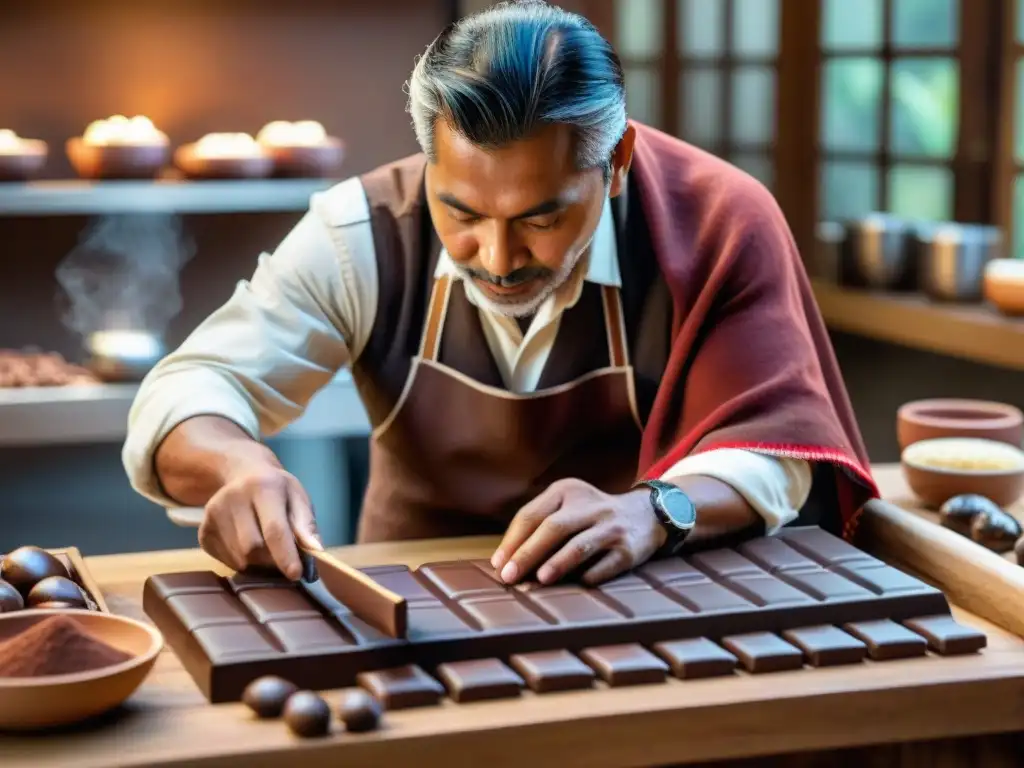 Un maestro chocolatero en Perú crea chocolates peruanos artesanales de calidad con destreza y pasión en su taller iluminado cálidamente