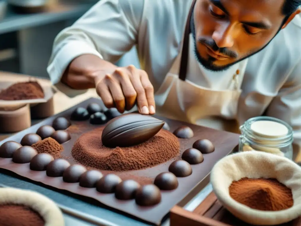 Un maestro chocolatero crea con destreza un postre de chocolate decadente con cacao peruano, destacando la artesanía y sostenibilidad