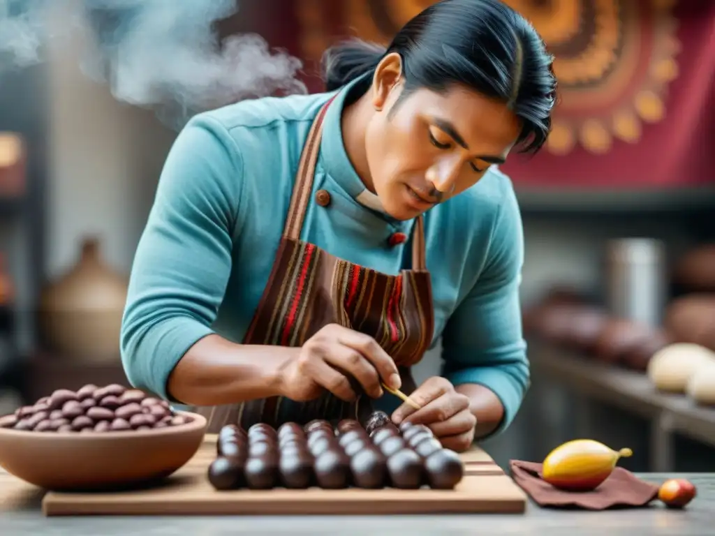 Un maestro chocolatero en Perú elaborando una escultura de chocolate, rodeado de cacao y granos tostados