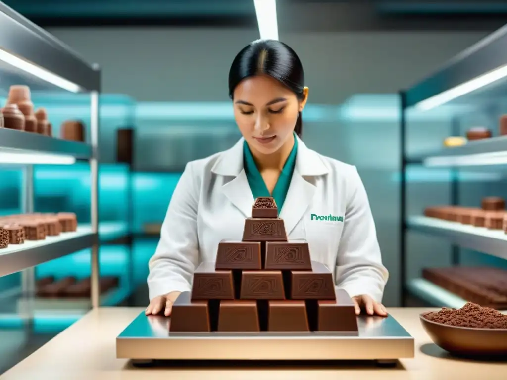 Un maestro chocolatero en un laboratorio blanco opera una impresora 3D de chocolate peruano innovador, rodeado de elementos culturales incas