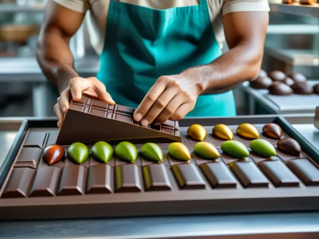 Un maestro chocolatero peruano elaborando una barra de chocolate vanguardia con cacao peruano, rodeado de vainas de cacao