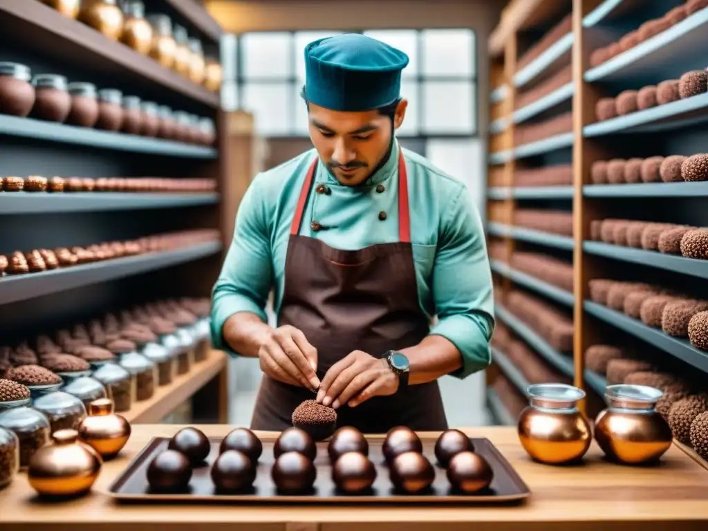 Un maestro chocolatero peruano crea bombones rodeado de cacao peruano en repostería mundial