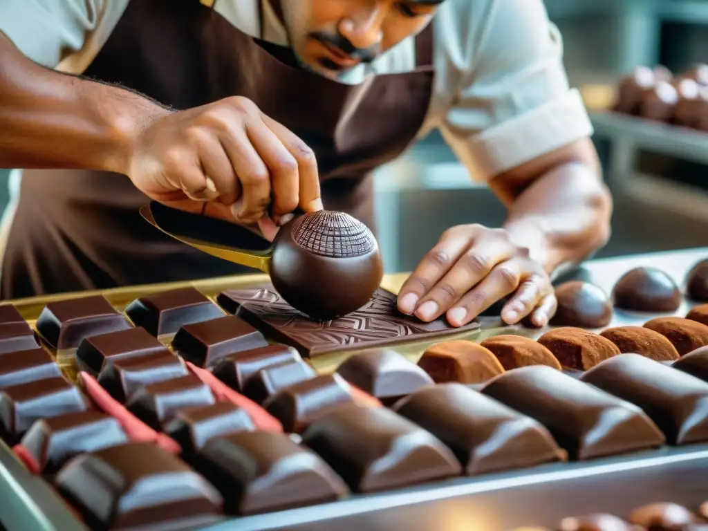 Un maestro chocolatero peruano elaborando chocolates artesanales de calidad