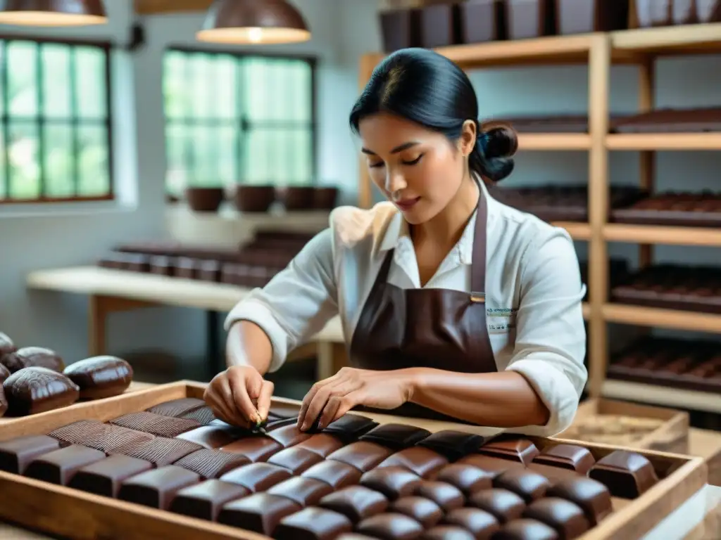 Un maestro chocolatero peruano artesanalmente temperando chocolates de calidad en su taller