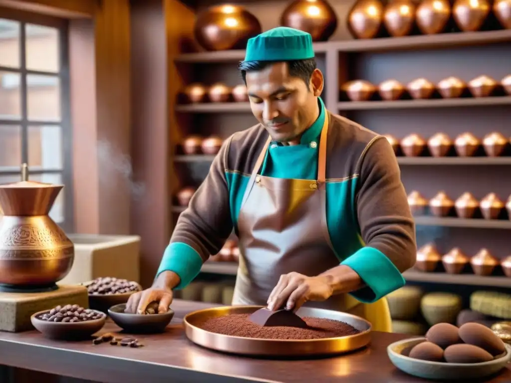 Maestro chocolatero peruano creando chocolates artesanales de calidad en ambiente tradicional andino