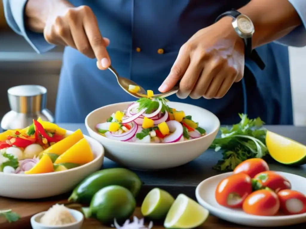 Maestro de la cocina peruana preparando ceviche con maestría en una cocina vibrante de ingredientes frescos y coloridos