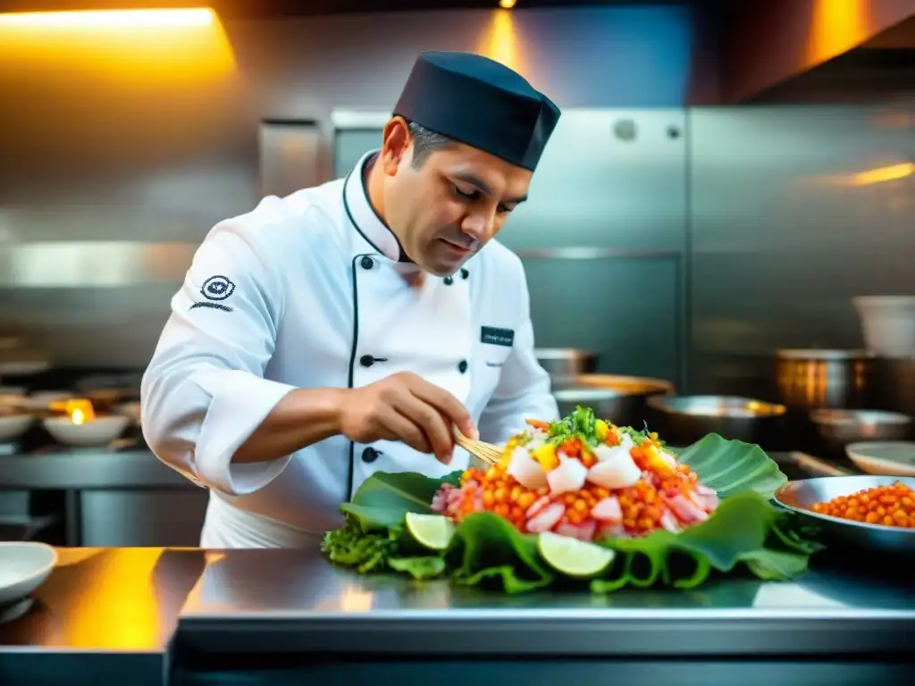 Un maestro de la cocina peruana preparando ceviche con precisión y pasión