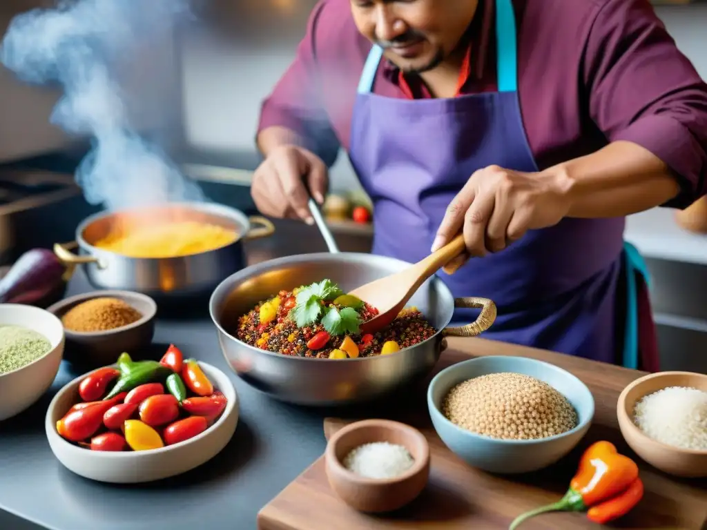 Maestro de cocina peruana preparando plato tradicional con ingredientes peruanos en cocina colorida y vibrante