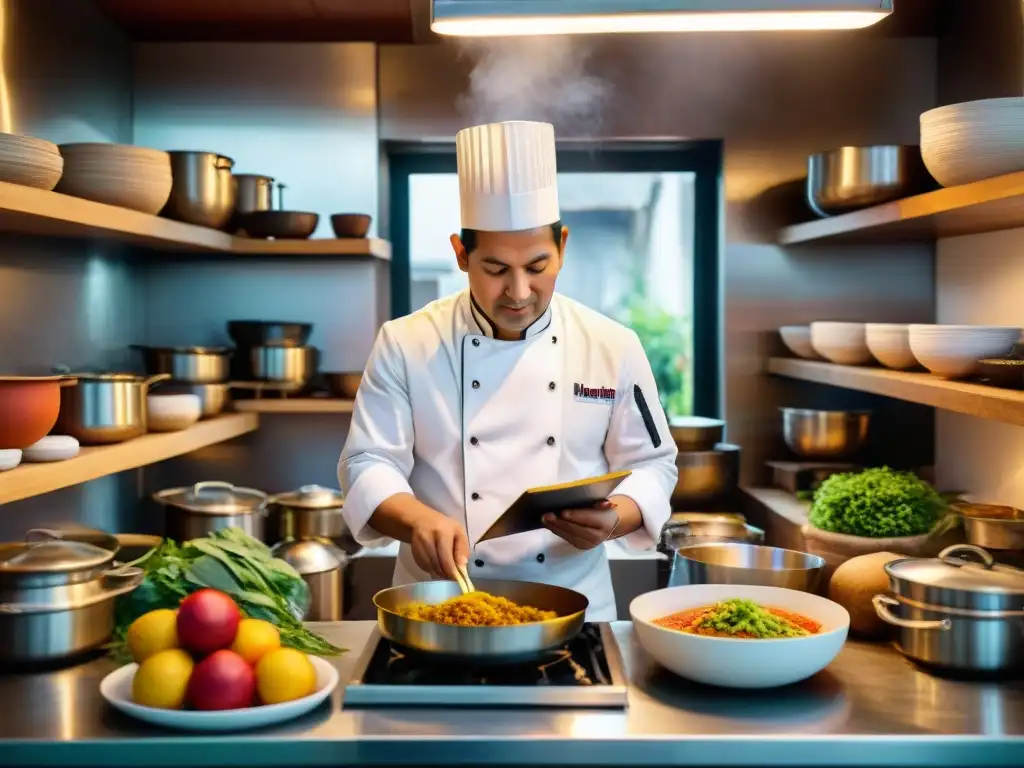 Maestro de cocina peruana consultando recetas en su cocina llena de ingredientes frescos y libros de cocina