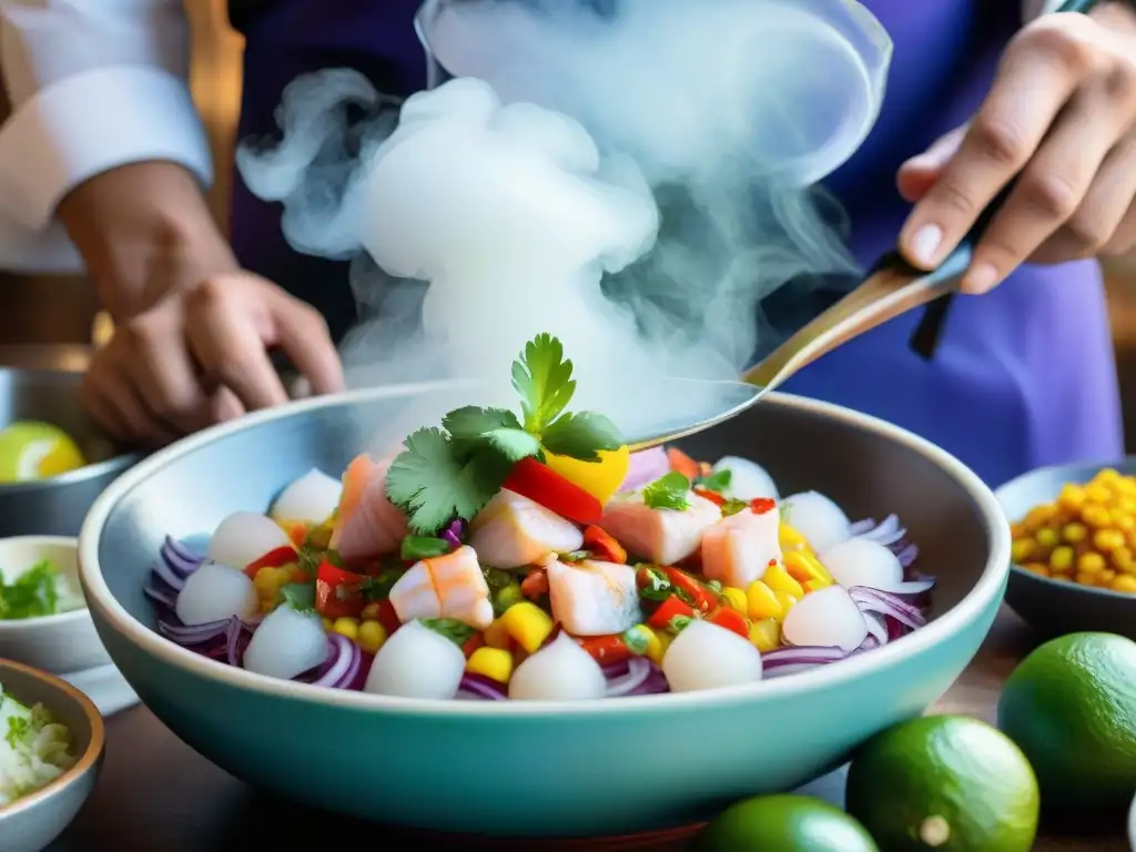 Un maestro de la cocina peruana recetas prepara ceviche con maestría, rodeado de ingredientes auténticos en una cocina bulliciosa