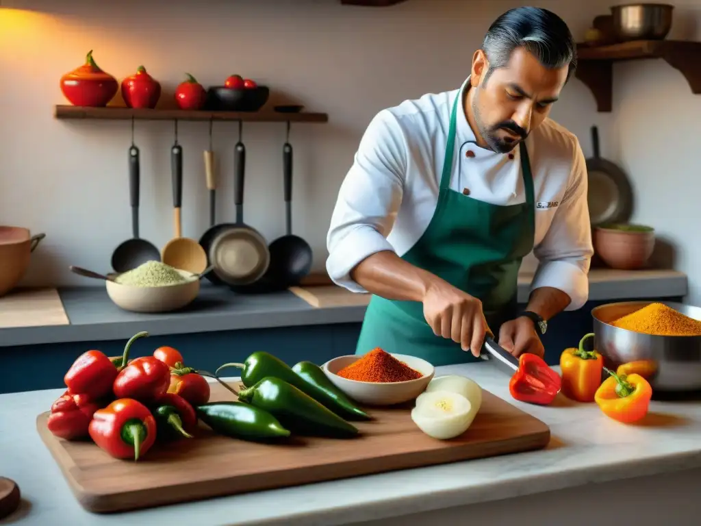 Un maestro cocinero prepara con esmero un rocoto relleno arequipeño en una cocina tradicional