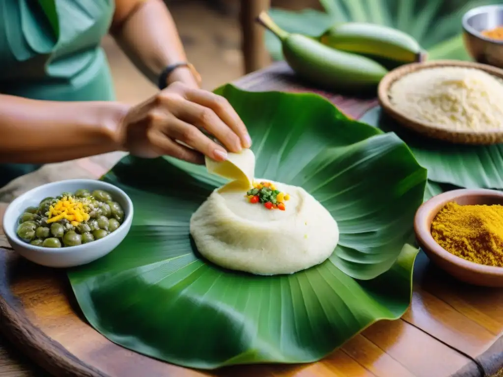 El maestro cocinero peruano preparando con destreza la masa de tamales costeños sobre hoja de plátano, con ingredientes tradicionales en mesa rústica