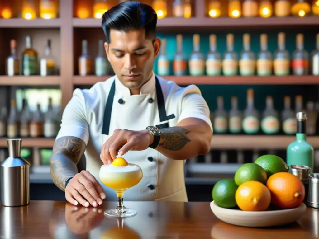 Un maestro coctelero peruano prepara con destreza un Pisco Sour en un bar colorido