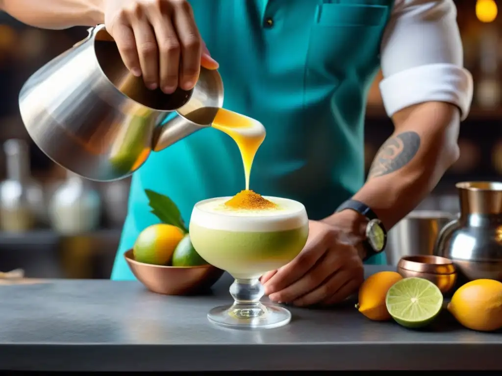 Un maestro coctelero peruano preparando un Pisco Sour con precisión y arte en un mercado de Lima