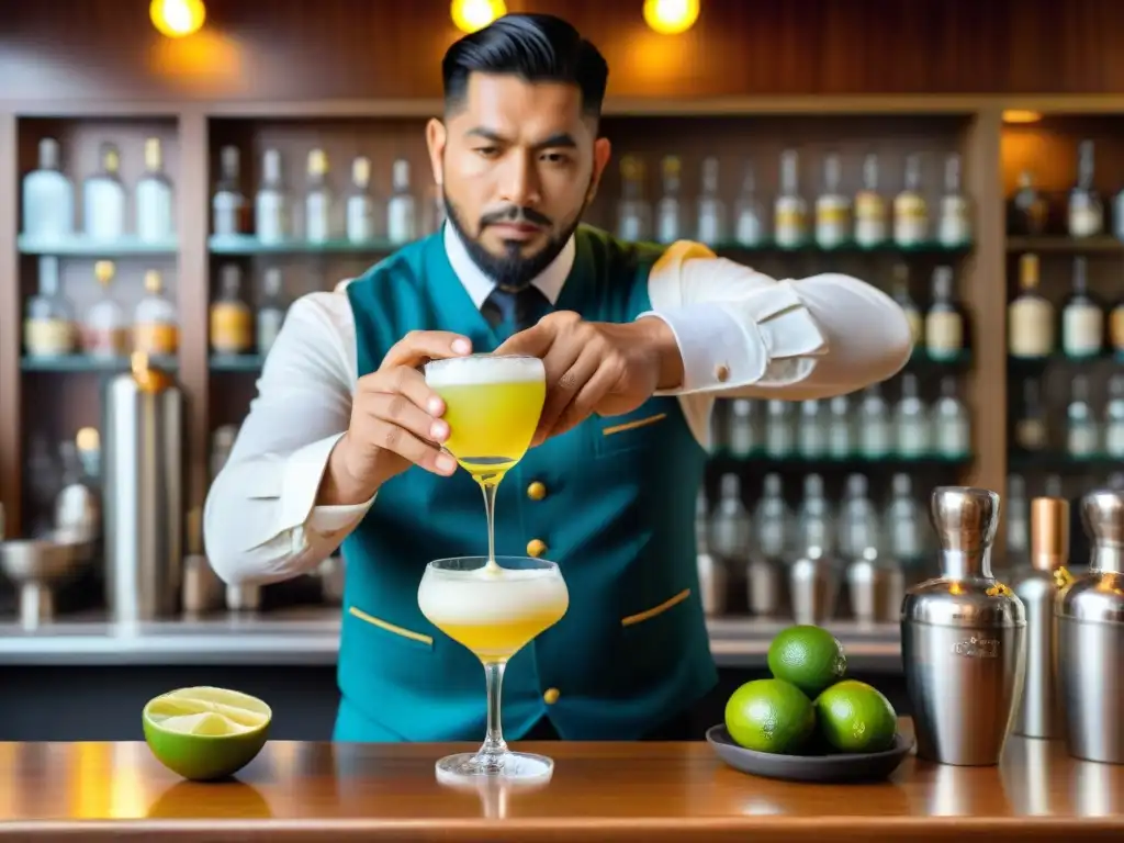 Un maestro coctelero prepara un Pisco Sour en un bar peruano tradicional